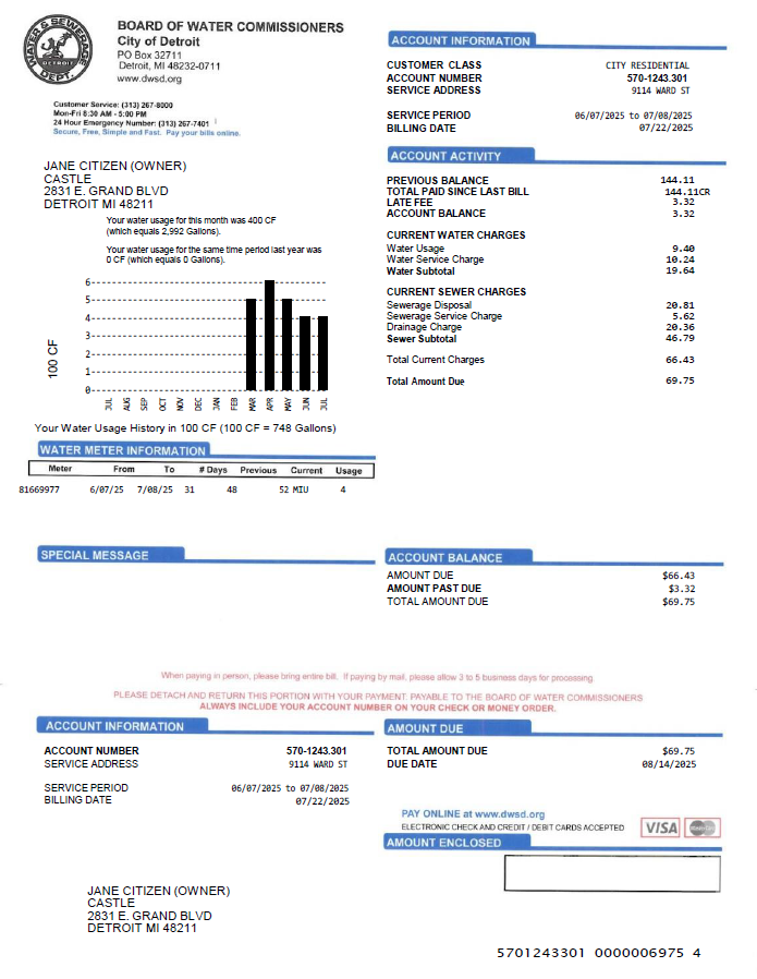 USA Board of Water Commissioners utility bill template in Word and PDF formats